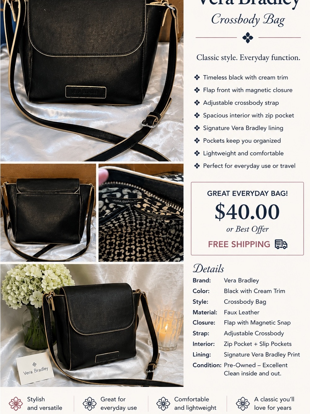 Vera Bradley Black Crossbody Bag with Cream Trim